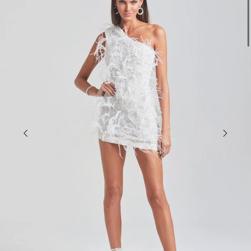Retrofete White Feathered Mini Dress